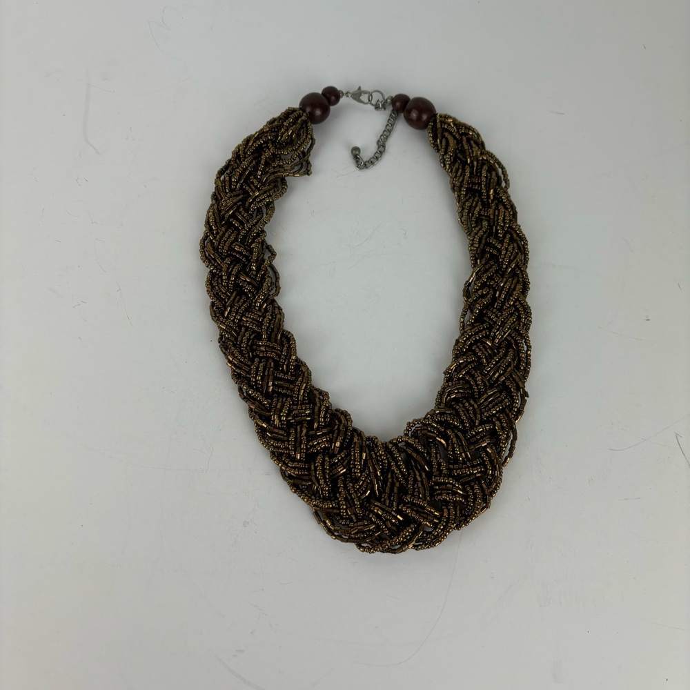 Woven Metallic Beaded Statement Necklace - Bronze-Tone - Picture 7 of 7